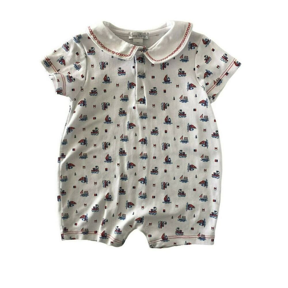 Kissy Kissy White Nautical Sailboat Print Romper with Red Trim